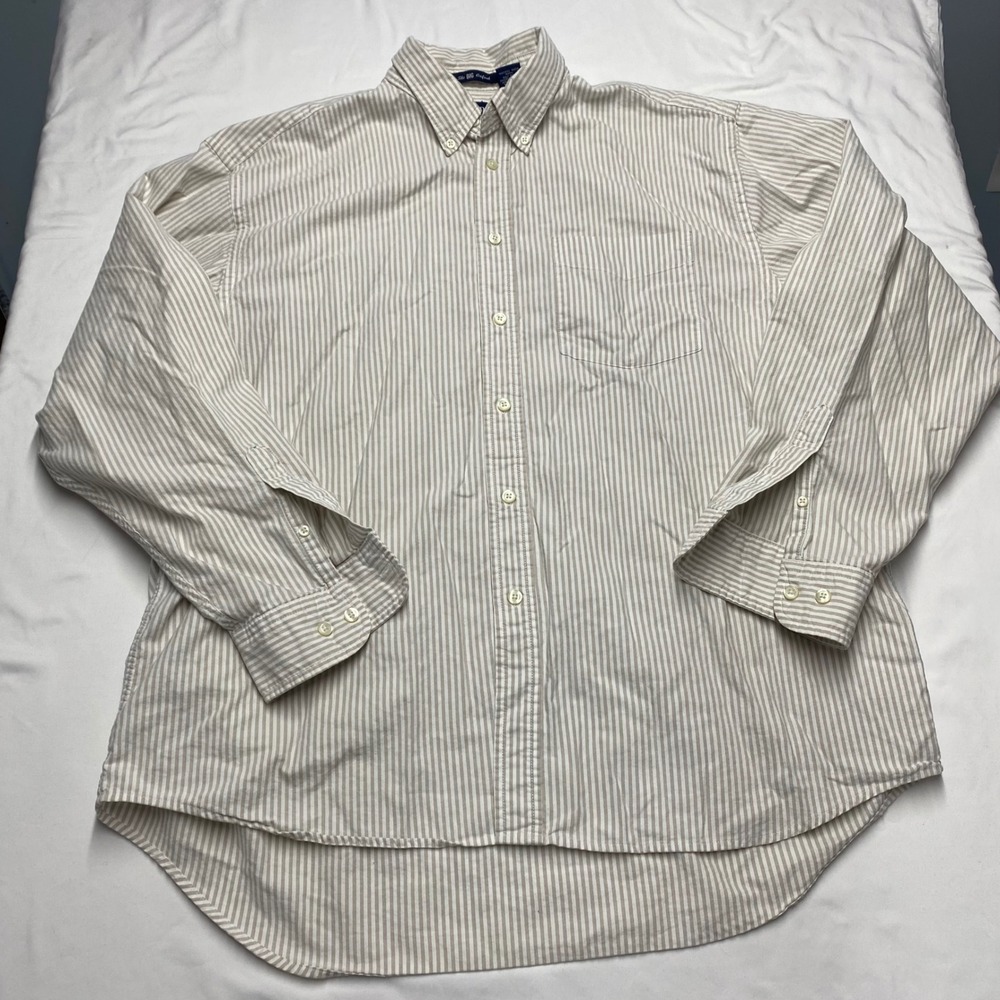 Gap The Big Oxford Mens Large Beige White Striped Cotton Button Down Shirt L